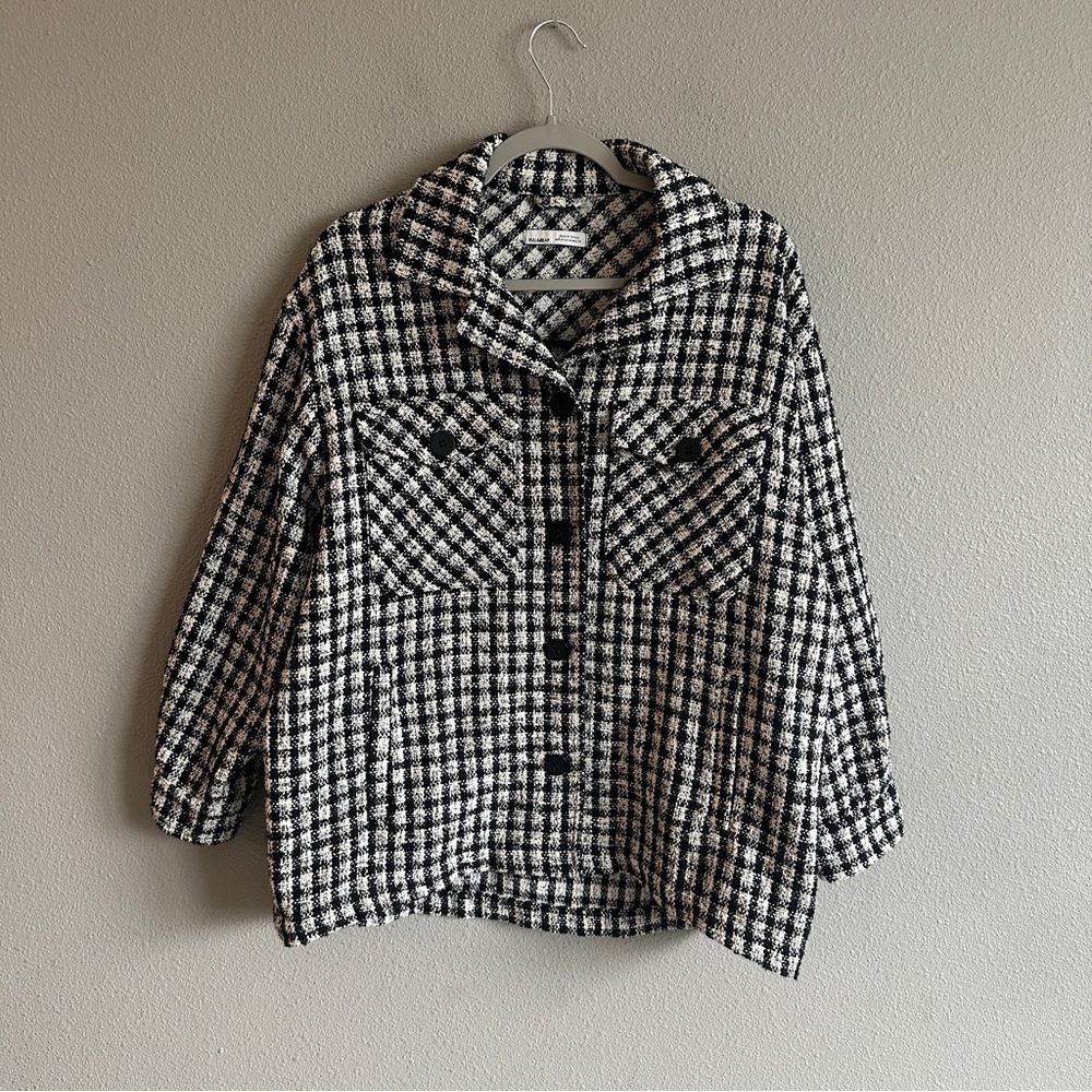 Pull&Bear Monochrome Tweed Checkered Shirt Jacket Medium